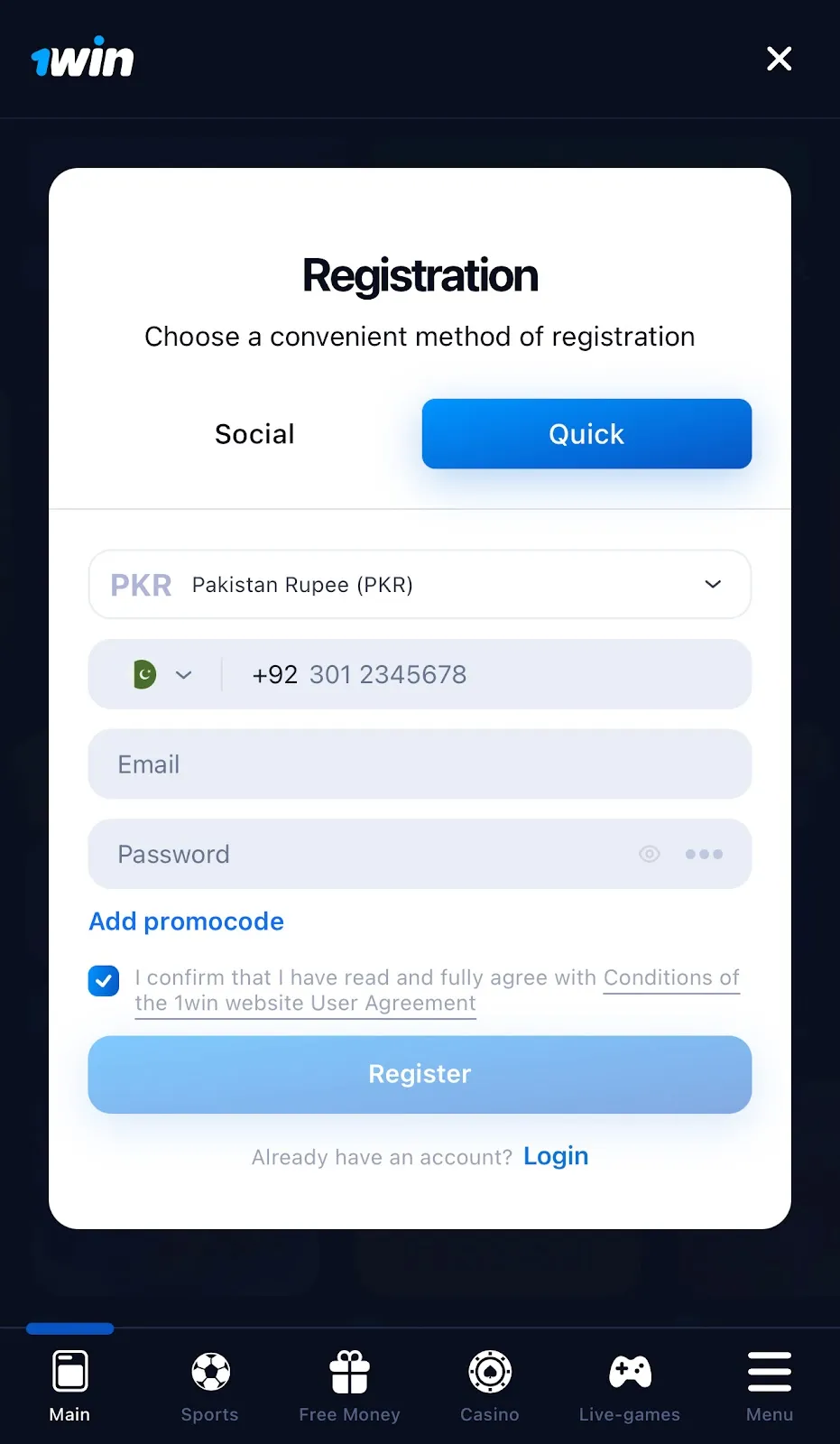 1win sign up app